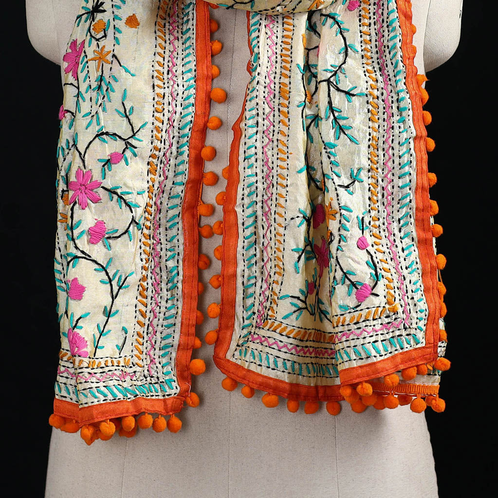Ranihati Chanderi Silk Hand Embroidered Stole with Pom Pom 153