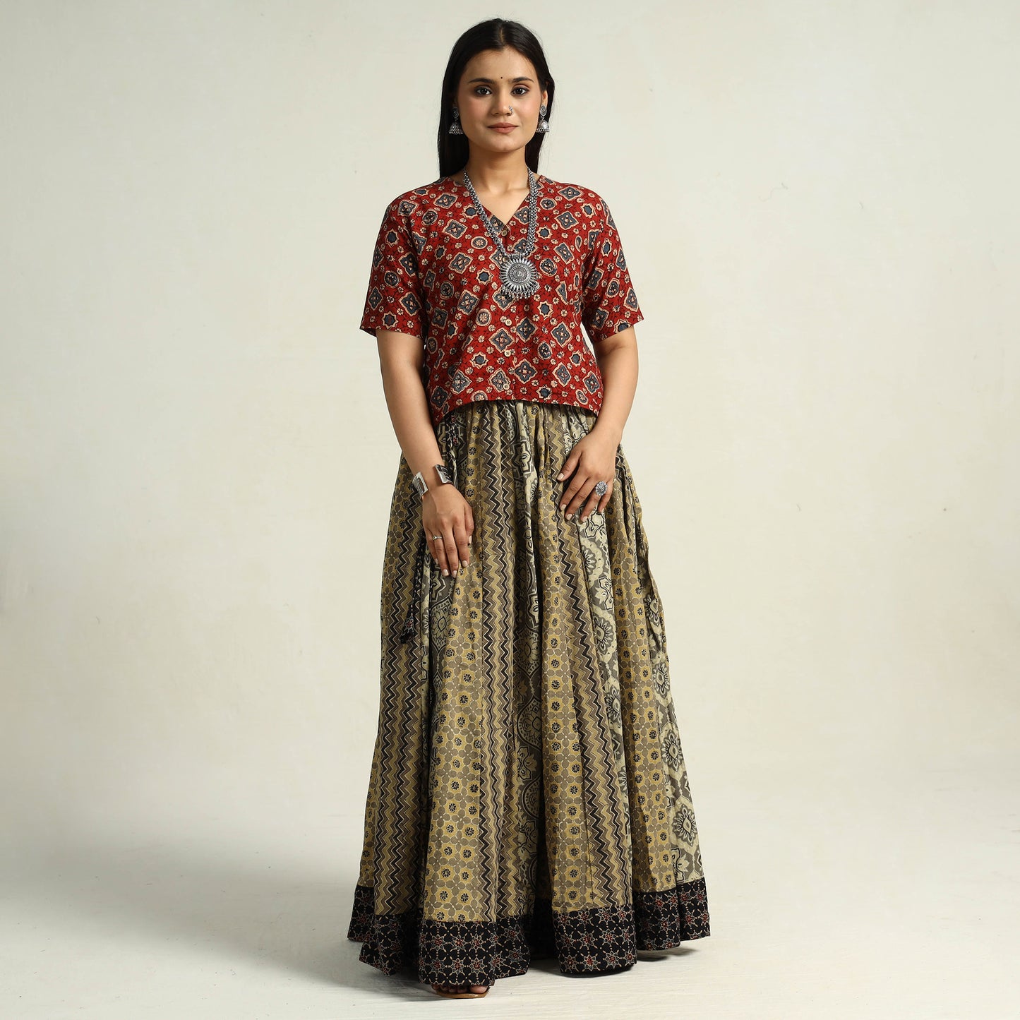 Multicolor - Kutch Block Printed 24 Kali Cotton Long Skirt 34