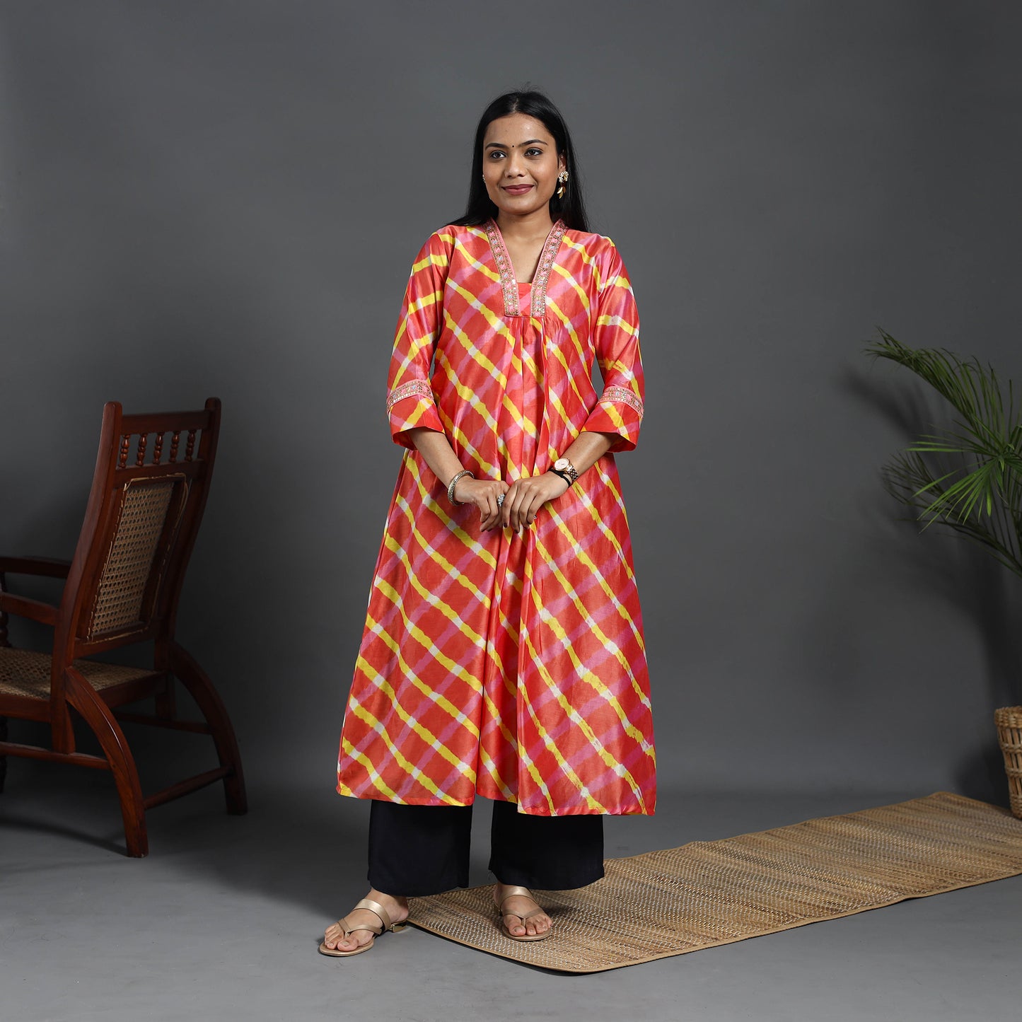 Chanderi Silk A-Line Lacework Tie-Dye Leheriya Kurta 15