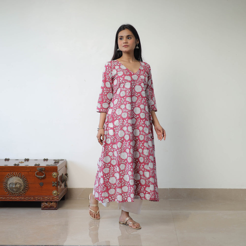 Pink - Sanganeri Block Printed Mul Cotton A-Line Kurta