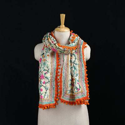 Ranihati Chanderi Silk Hand Embroidered Stole with Pom Pom 153