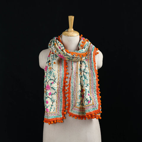 Ranihati Chanderi Silk Hand Embroidered Stole with Pom Pom 153