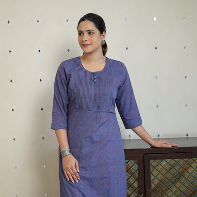 Blue - Jacquard Cotton Pintuck Straight Kurta 24