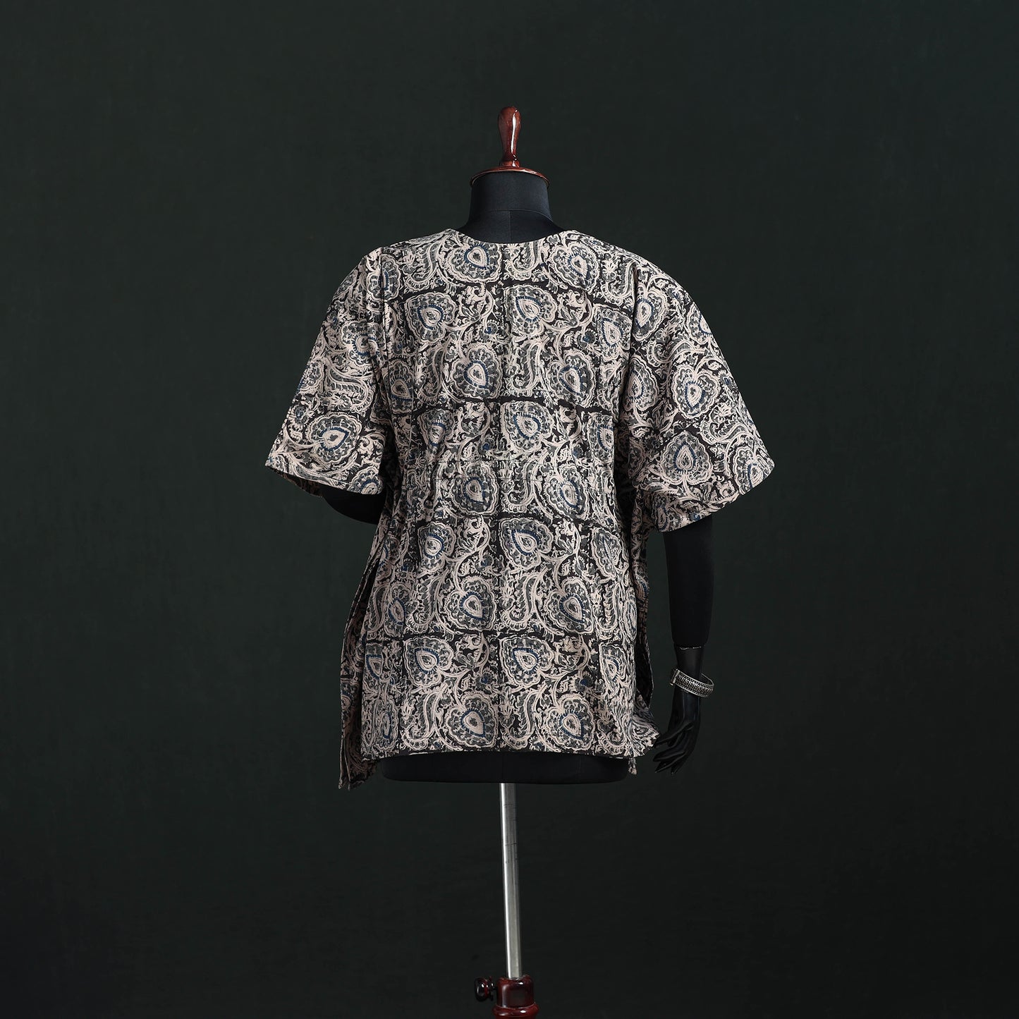 Black - Kalamkari Hand Block Print Natural Dyed Cotton Kaftan (Short) 15