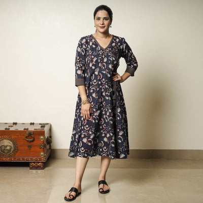 Blue - Bagru Block Printed Cotton Angrakha Flared Dress 08