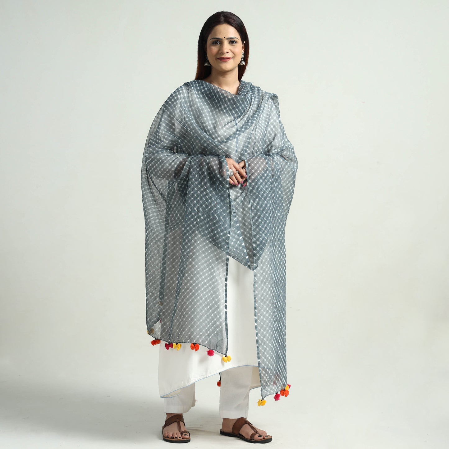 Grey - Leheriya Tie-Dye Mothra Kota Doria Cotton Dupatta with Tassels 28