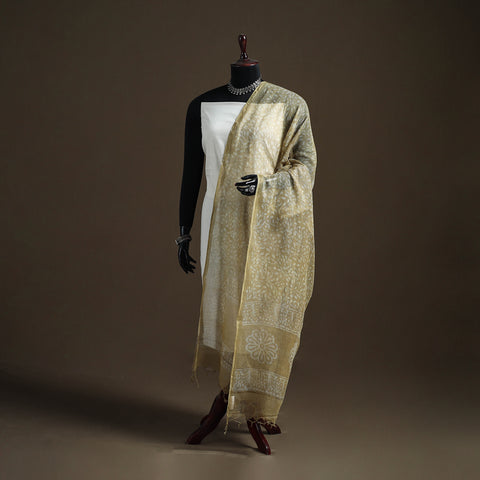 Yellow - Pipad Hand Block Print Natural Dyed Kota Doria Cotton Dupatta 31