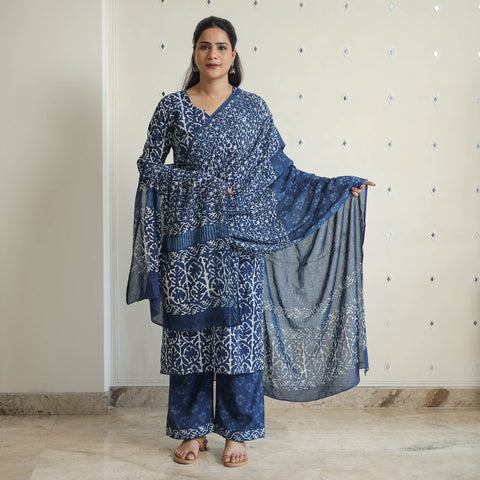 Blue - Hand Block Print Indigo Bagru Cotton Suit Set 04