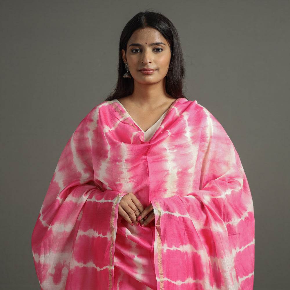 Pink - Shibori Tie-Dye Handloom Chanderi Silk Dupatta with Zari Border 48