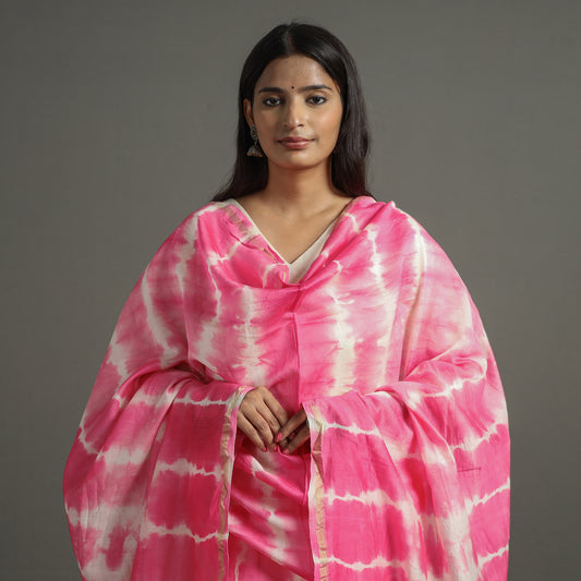 Pink - Shibori Tie-Dye Handloom Chanderi Silk Dupatta with Zari Border 48