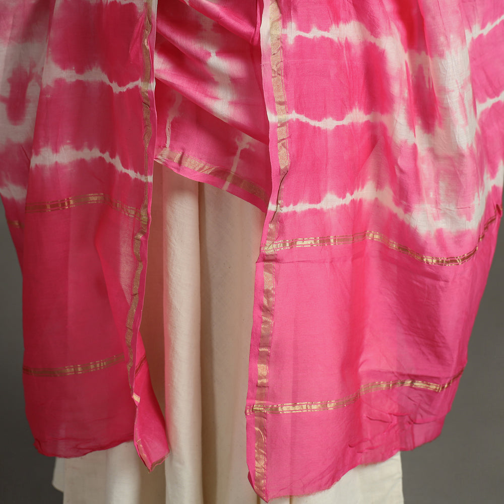 Pink - Shibori Tie-Dye Handloom Chanderi Silk Dupatta with Zari Border 48