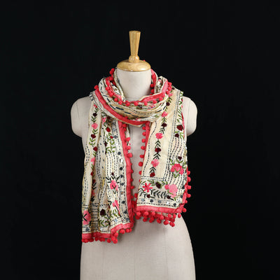 Ranihati Chanderi Silk Hand Embroidered Stole with Pom Pom 154