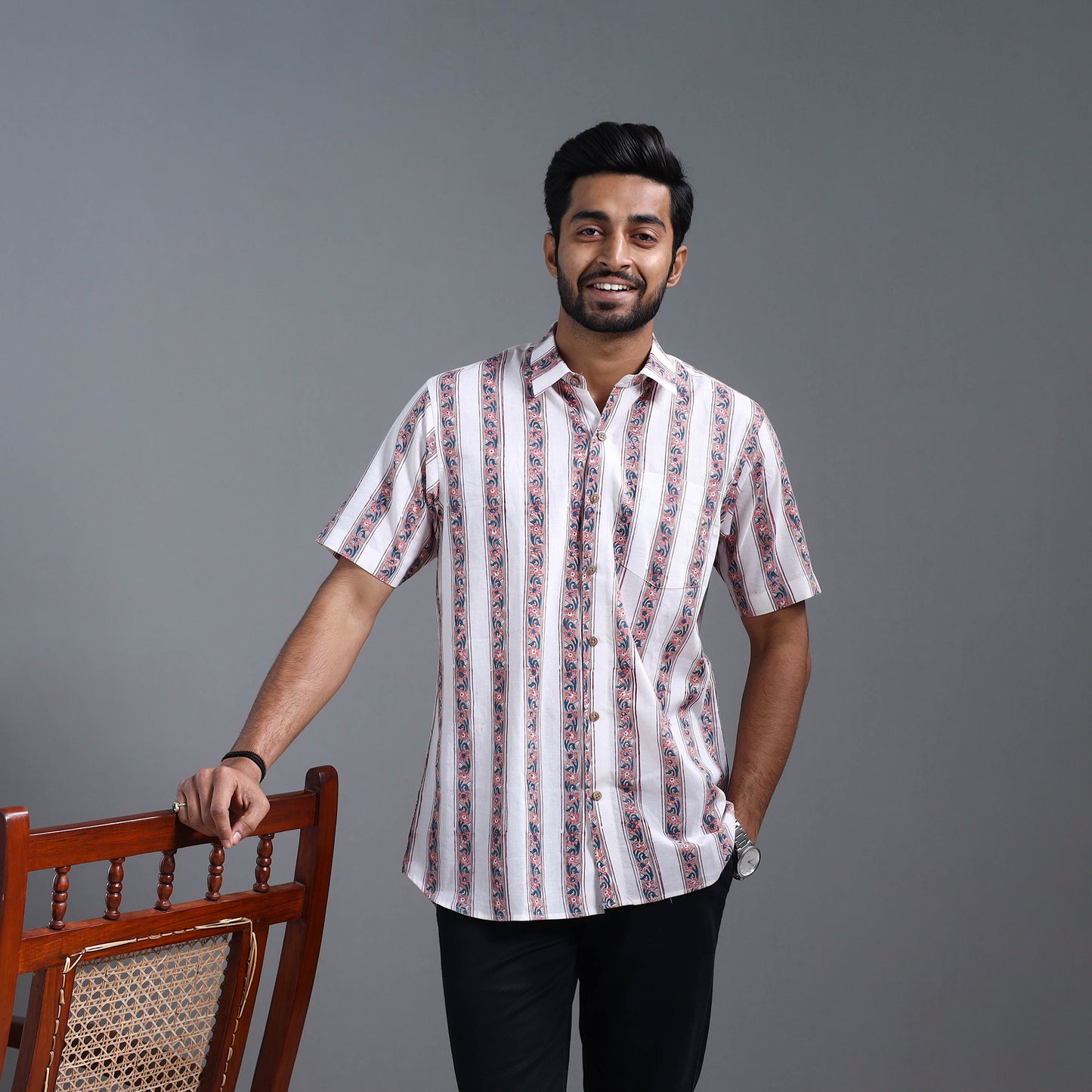 White - Sanganeri Block Printed Cotton Men Half Sleeve Shirt 12