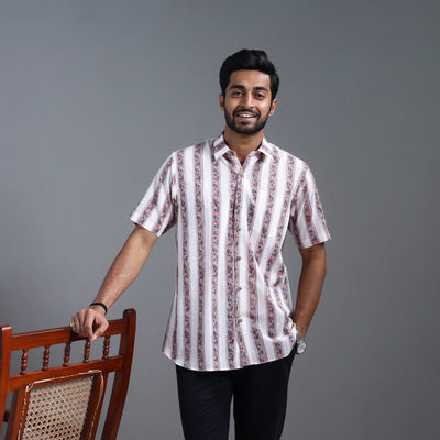 White - Sanganeri Block Printed Cotton Men Half Sleeve Shirt 12