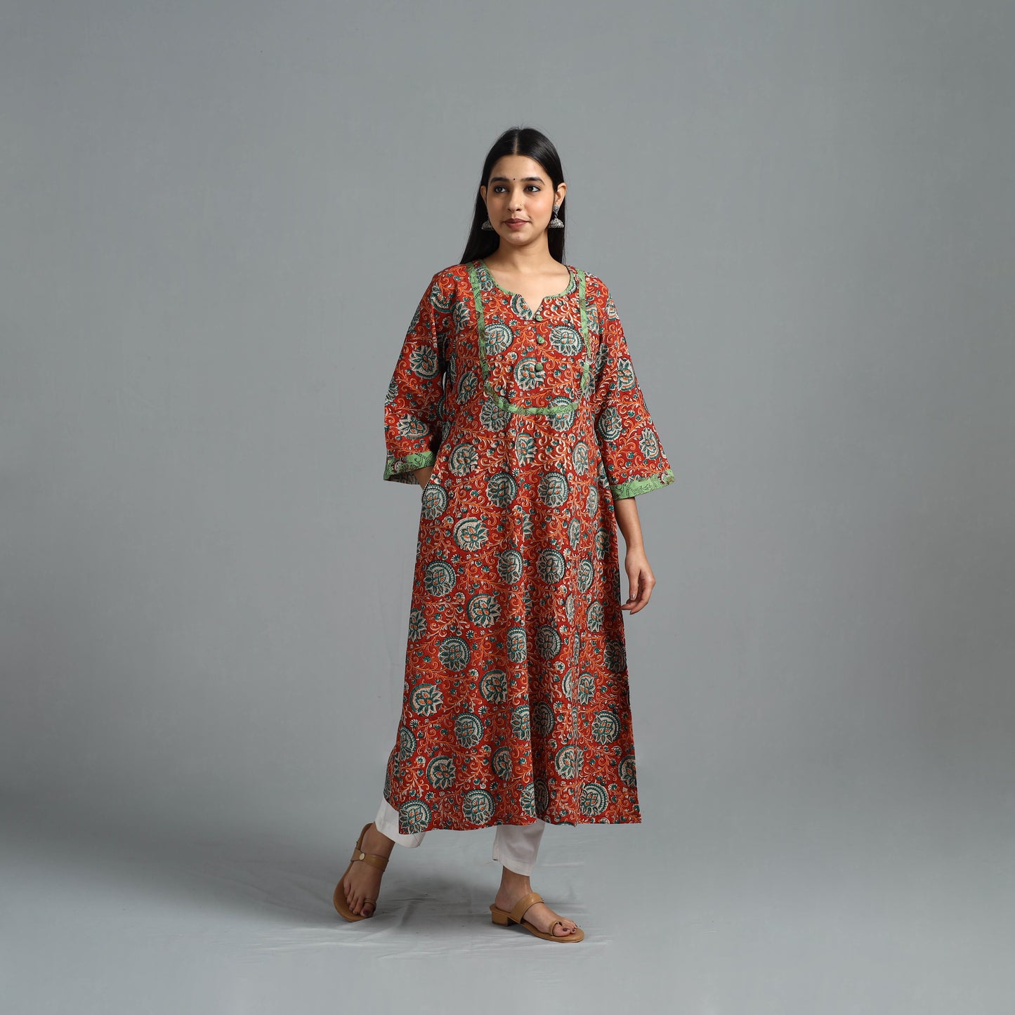 Red - Block Printed Cotton A-Line Bagru Kurta 12