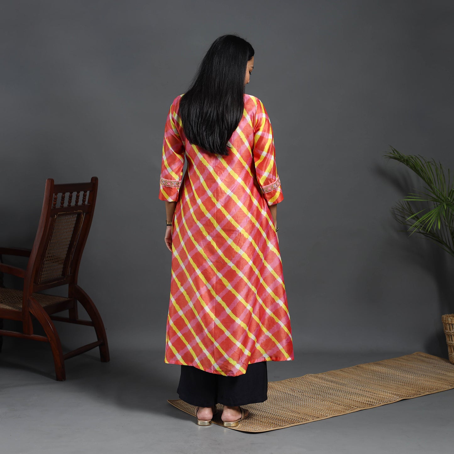 Chanderi Silk A-Line Lacework Tie-Dye Leheriya Kurta 15