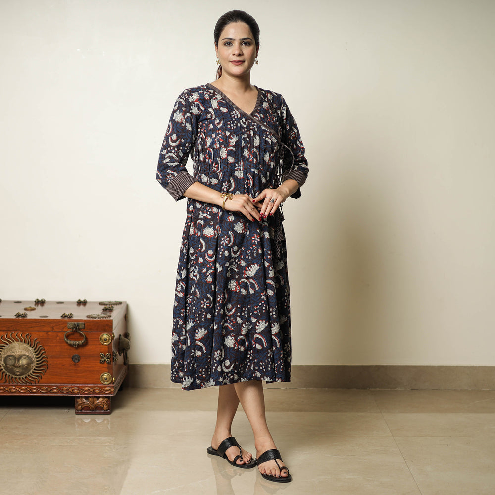 Blue - Bagru Block Printed Cotton Angrakha Flared Dress 08