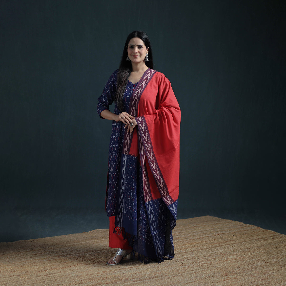 Pochampally Ikat Cotton Suit Set with Dupatta for Women 21