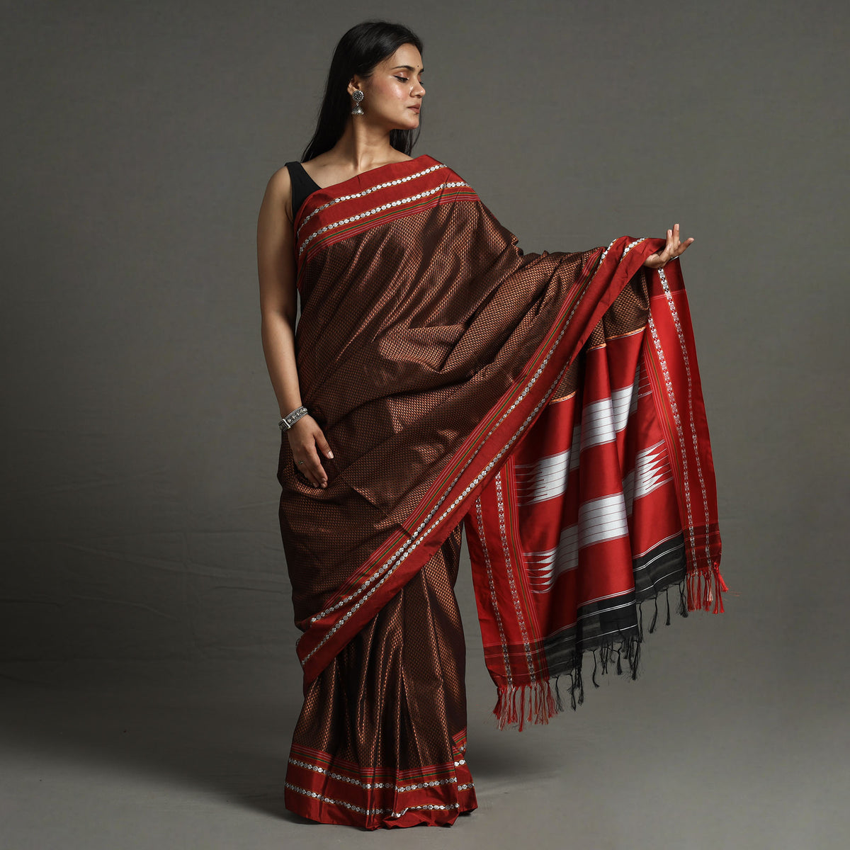 Brown - Ilkal Khun Silk Cotton Saree with Resham Border 21