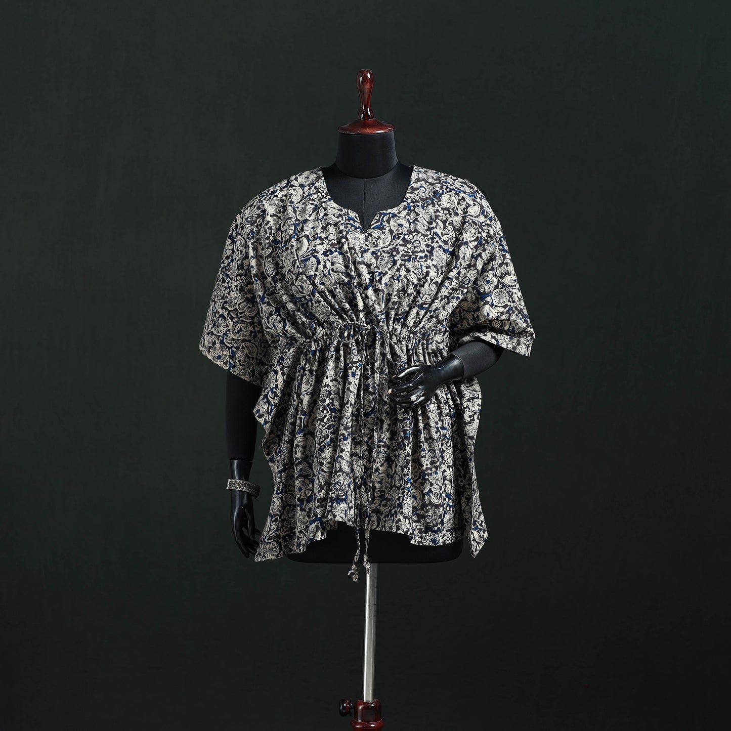 Black - Kalamkari Hand Block Print Natural Dyed Cotton Kaftan (Short) 16