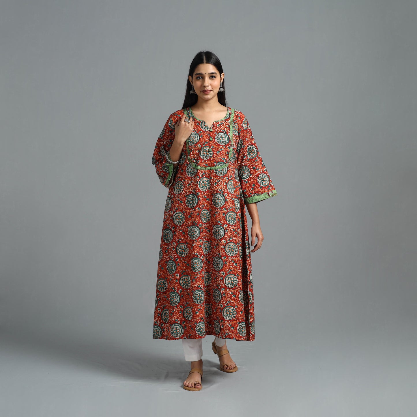 Red - Block Printed Cotton A-Line Bagru Kurta 12