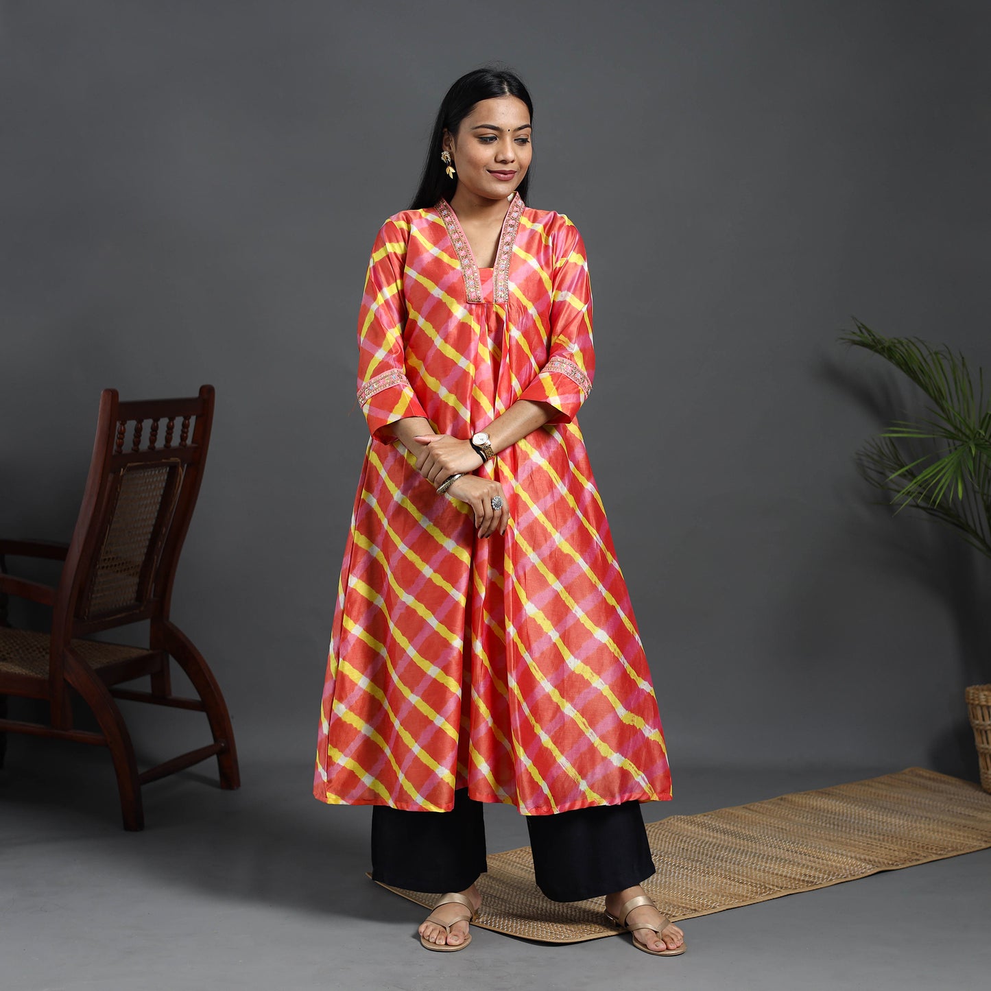 Chanderi Silk A-Line Lacework Tie-Dye Leheriya Kurta 15