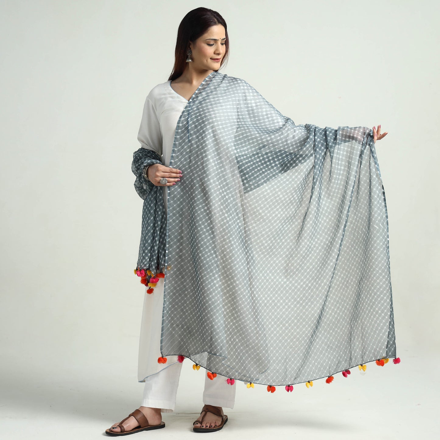 Grey - Leheriya Tie-Dye Mothra Kota Doria Cotton Dupatta with Tassels 28