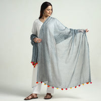 Grey - Leheriya Tie-Dye Mothra Kota Doria Cotton Dupatta with Tassels 28