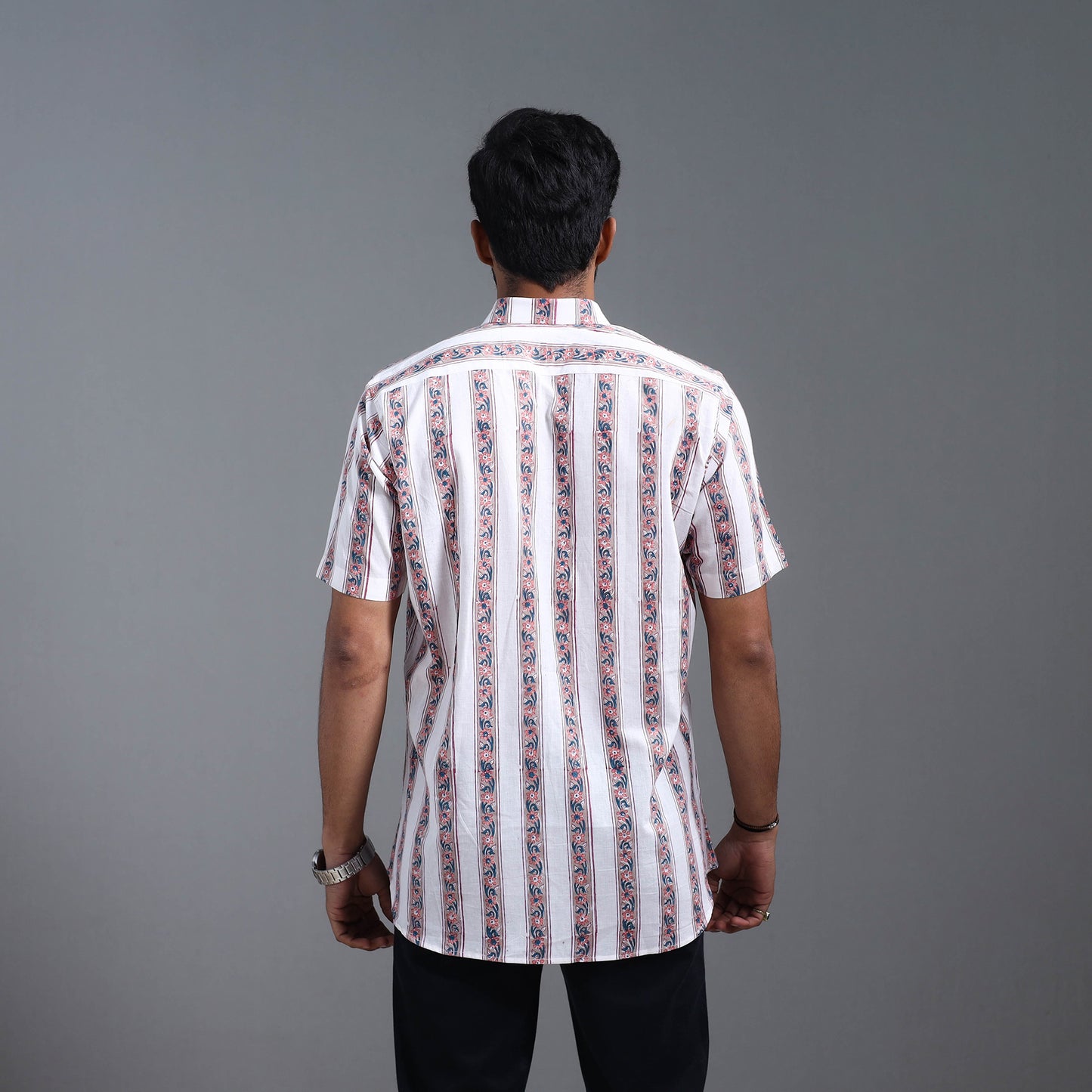 White - Sanganeri Block Printed Cotton Men Half Sleeve Shirt 12