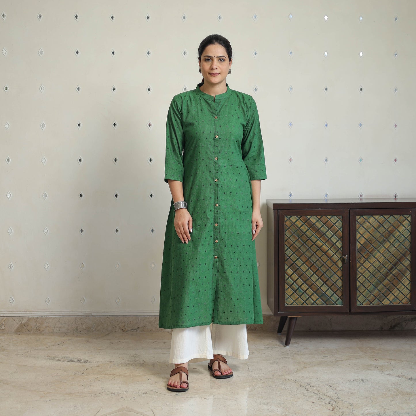 Green - Jacquard Cotton A-Line Kurta 20