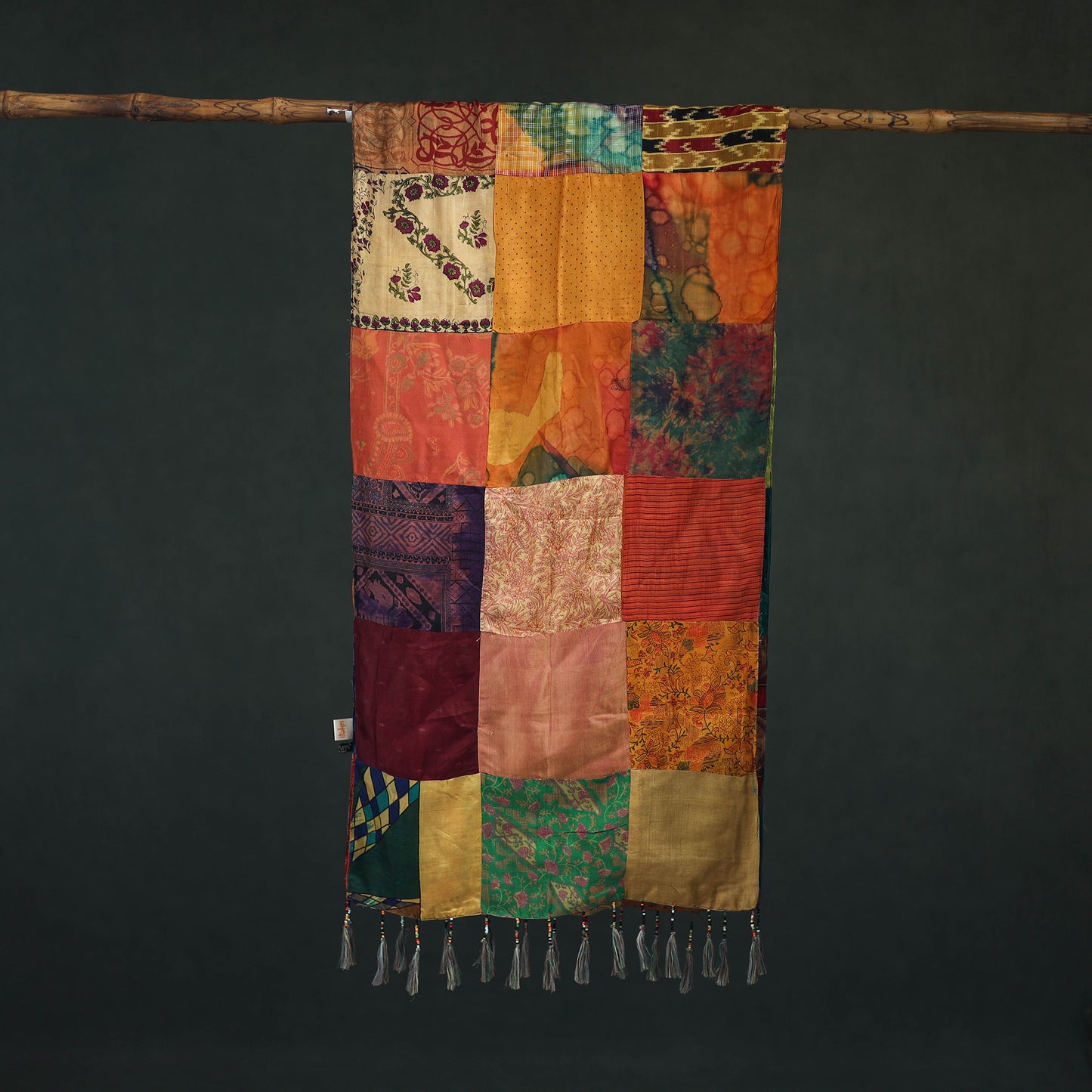 Pure Silk Reversible Patchwork Stole with Tassels 09