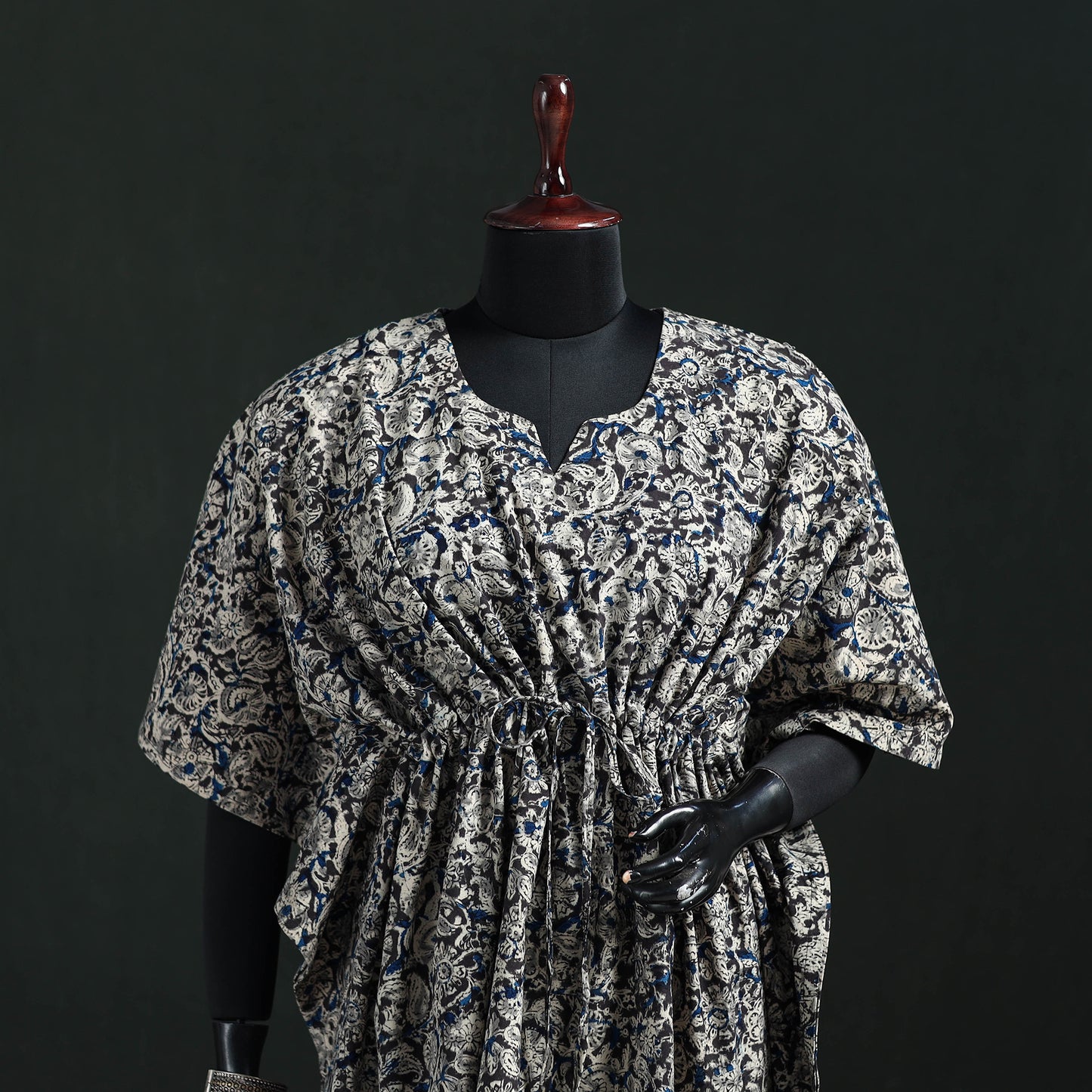 Black - Kalamkari Hand Block Print Natural Dyed Cotton Kaftan (Short) 16