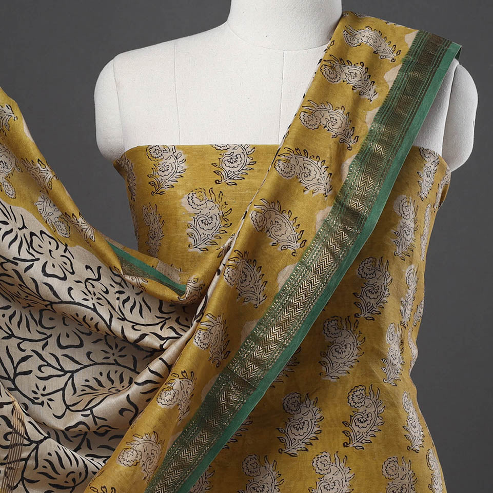 Yellow - 3pc Maheshwari Silk Bagru Print Dress Material 22