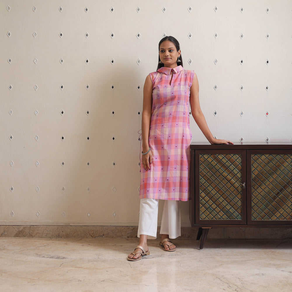 Multicolor - Sleeveless Handwoven Cotton Jamdani Kurta 19