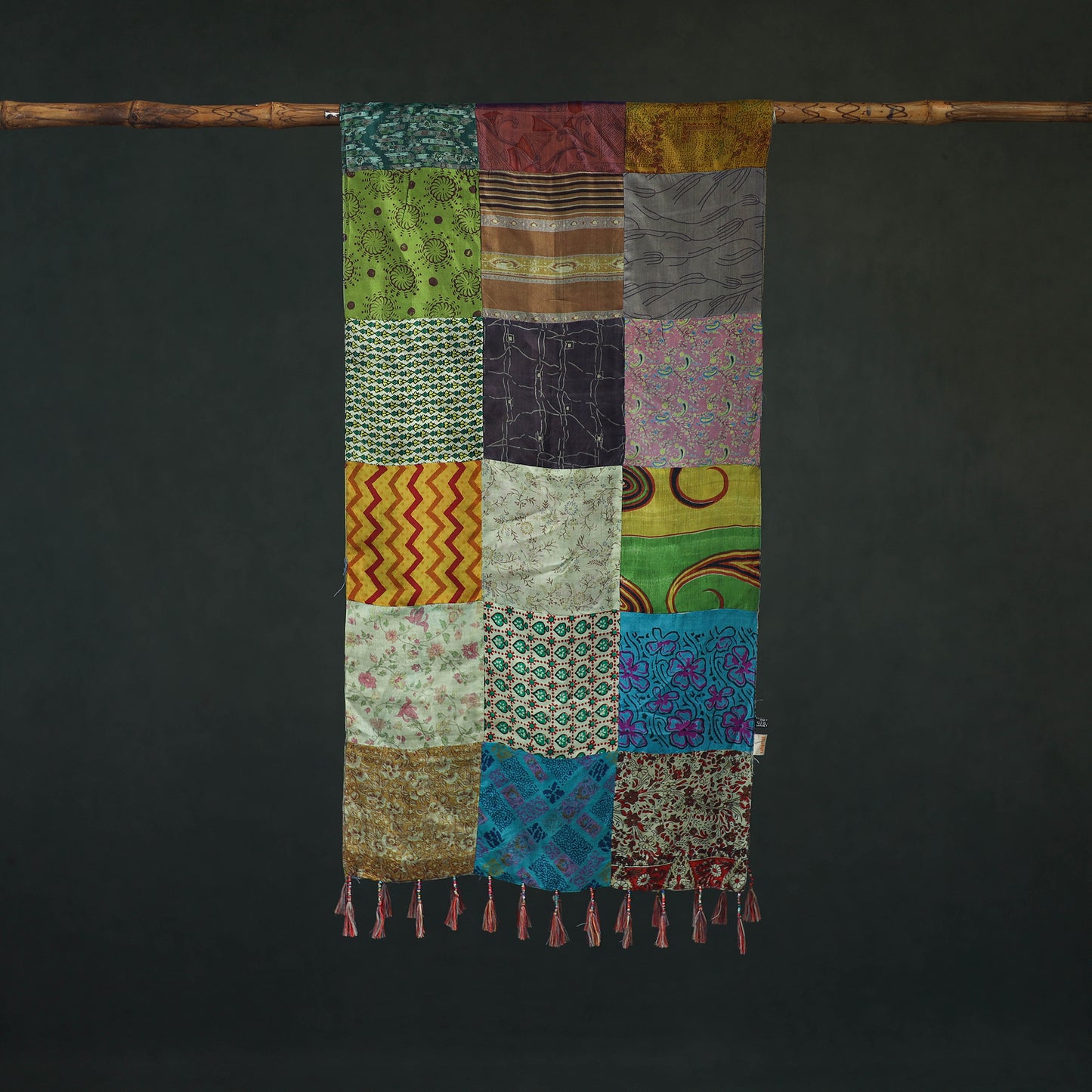 Pure Silk Reversible Patchwork Stole with Tassels 08
