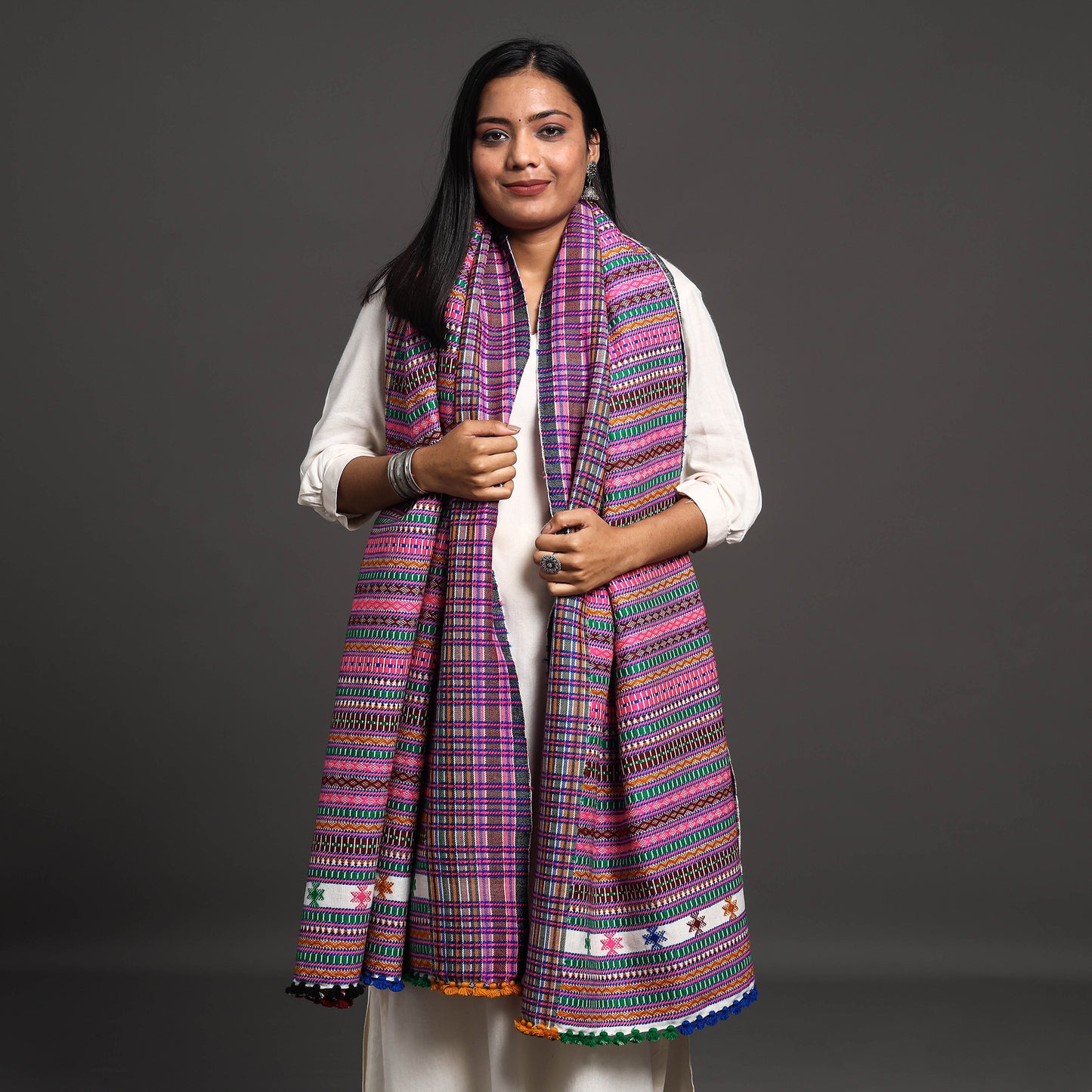 Pink - Kutch Hand Embroidery Handwoven Pure Woolen Shawl