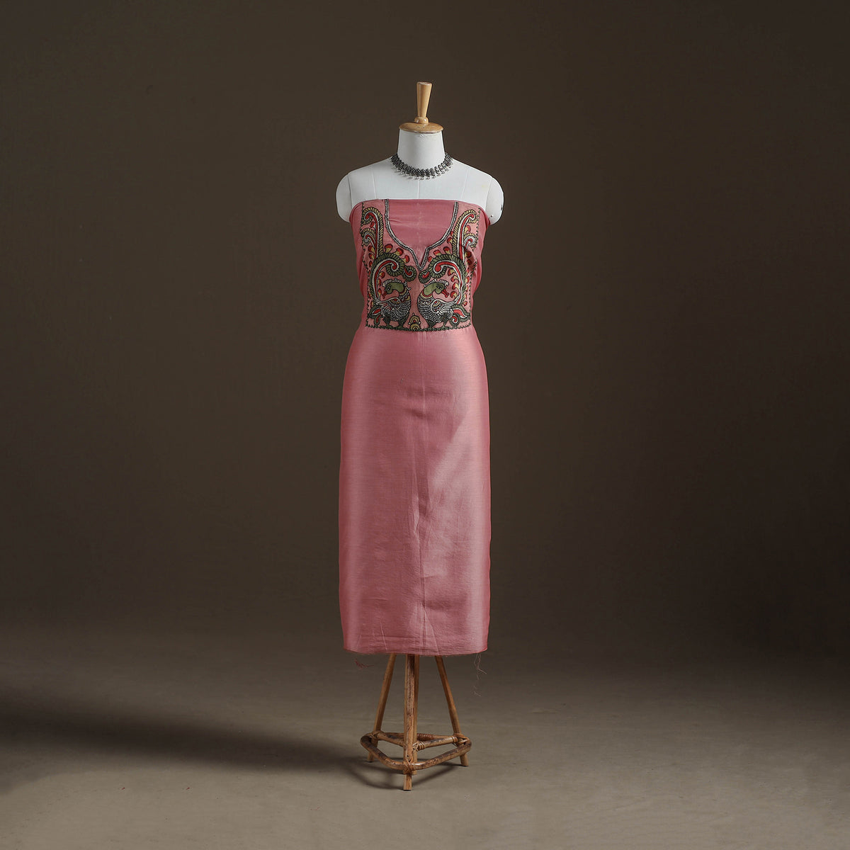 Pink - Handpainted Srikalahasti Handloom Chanderi Silk Unstitched Kurta (2.3M) 02