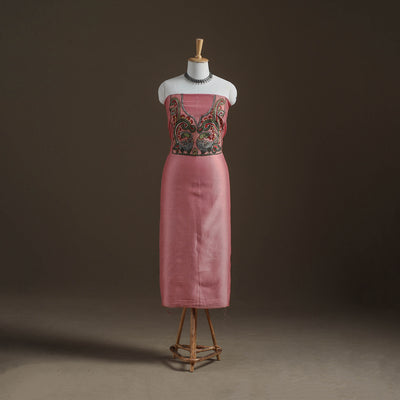 Pink - Handpainted Srikalahasti Handloom Chanderi Silk Unstitched Kurta (2.3M) 02
