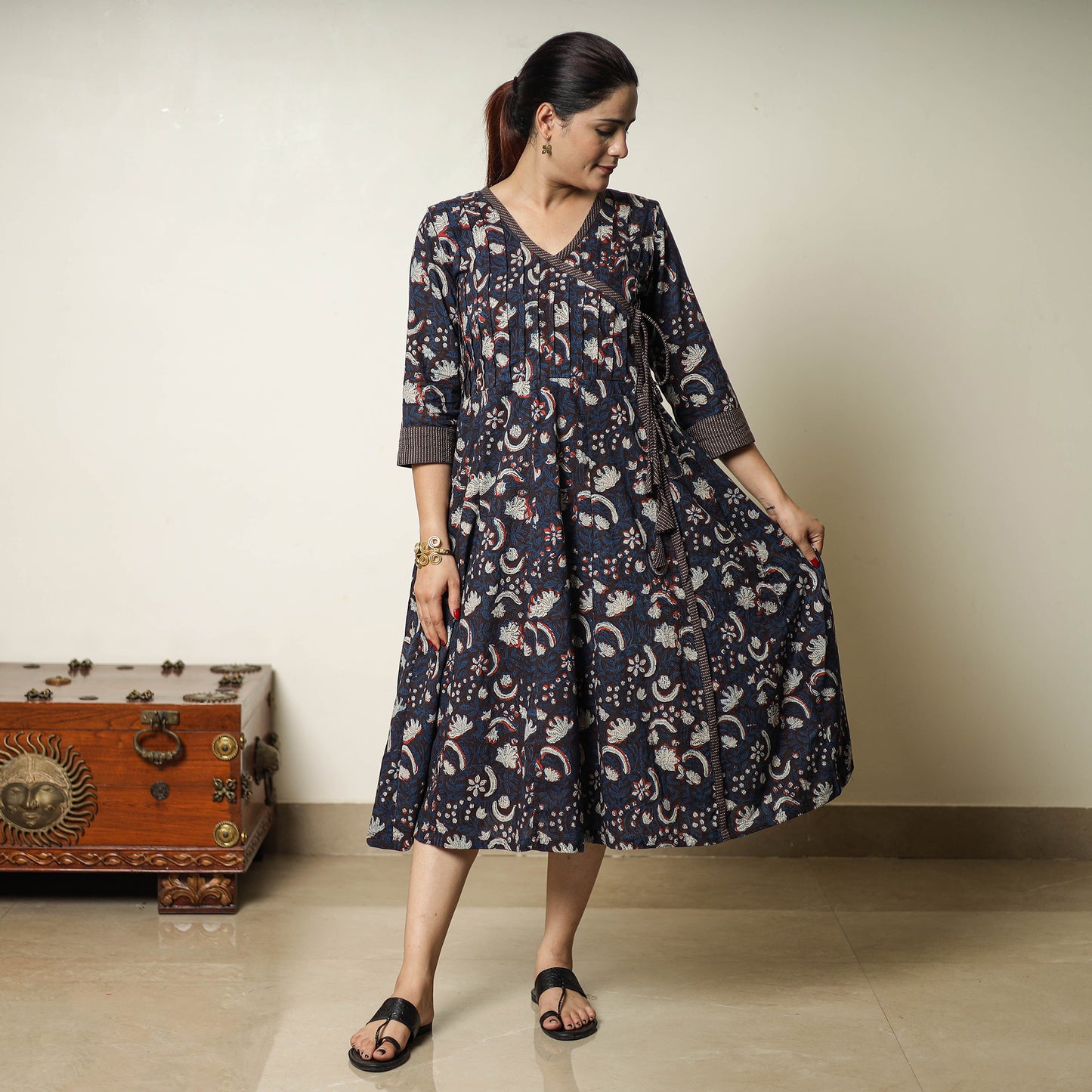 Blue - Bagru Block Printed Cotton Angrakha Flared Dress 08