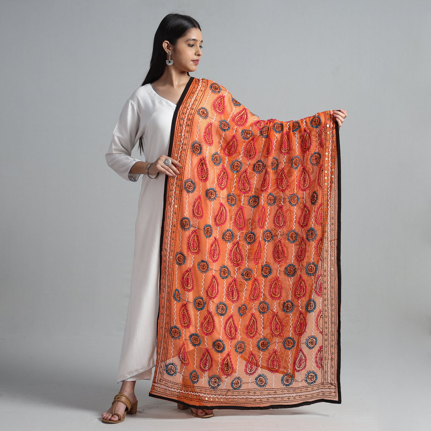 Orange - Ranihati Georgette Chapa Work Phulkari Embroidered Dupatta 72