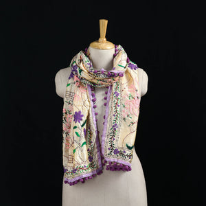 Beige - Ranihati Chanderi Silk Hand Embroidered Stole with Pom Pom 156