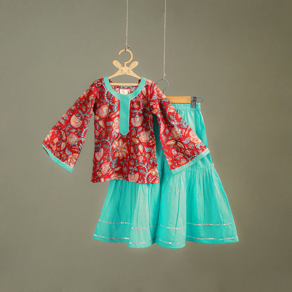Girls Gota Work Floral Block Print Cotton Kurta with Sharara Set (3-4 Years) 38
