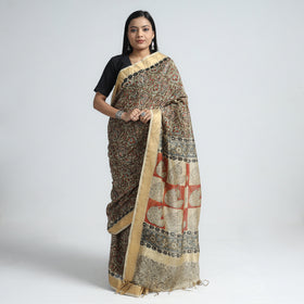 Brown Original Pedana Kalamkari Block Print Chanderi Silk Saree