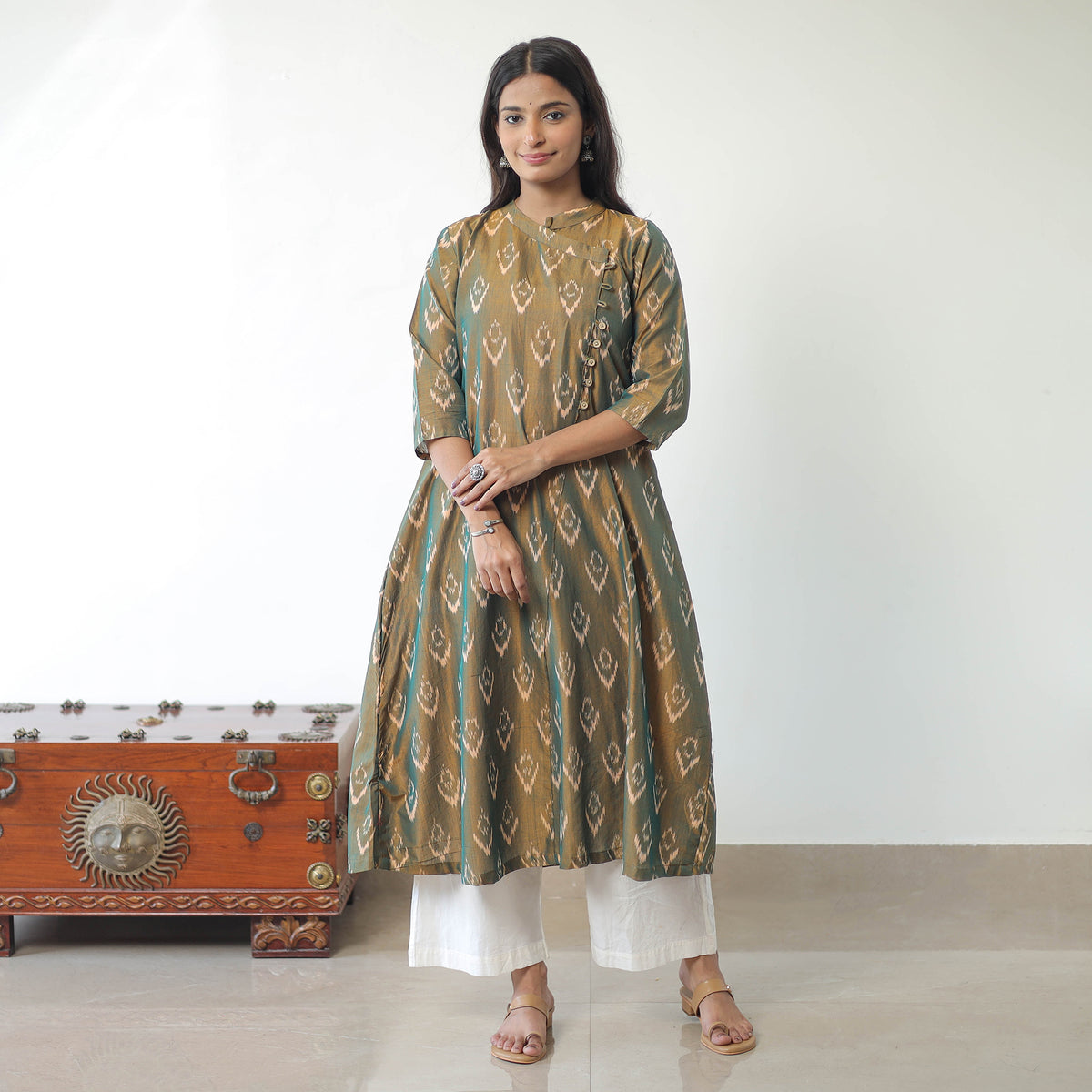 Green - Mercerised Cotton Pochampally Ikat Kurta (A-Line) 04