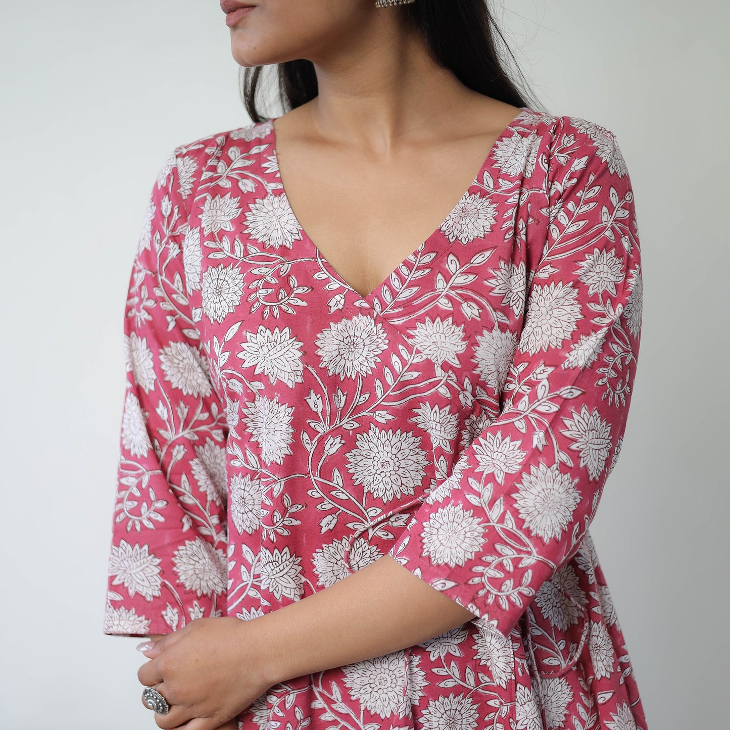 Pink - Sanganeri Block Printed Mul Cotton A-Line Kurta