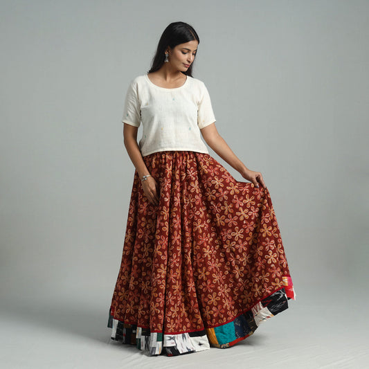 Red - Hand Block Printed Cotton Long Kalamkari Skirt 15