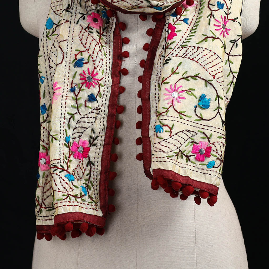 Ranihati Chanderi Silk Hand Embroidered Stole with Pom Pom 157