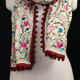 Ranihati Chanderi Silk Hand Embroidered Stole with Pom Pom 157