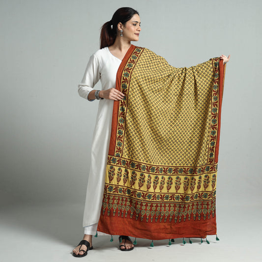 Yellow - Hand Block Printed Cotton Ajrakh Dupatta 19