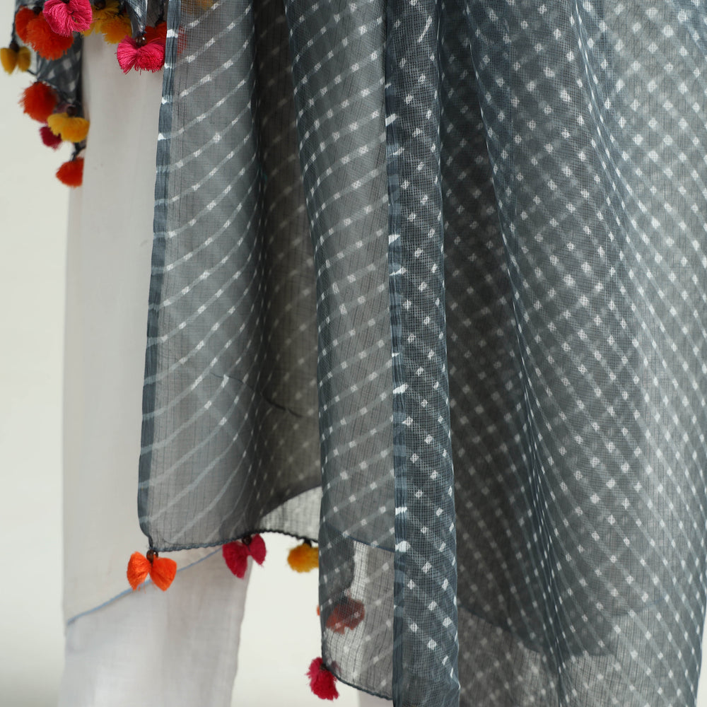 Grey - Leheriya Tie-Dye Mothra Kota Doria Cotton Dupatta with Tassels 28